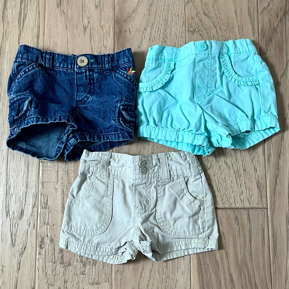Baby Girl 3-6 Month Shorts 3 Pack - Dark Blue, Light Blue, & Khaki